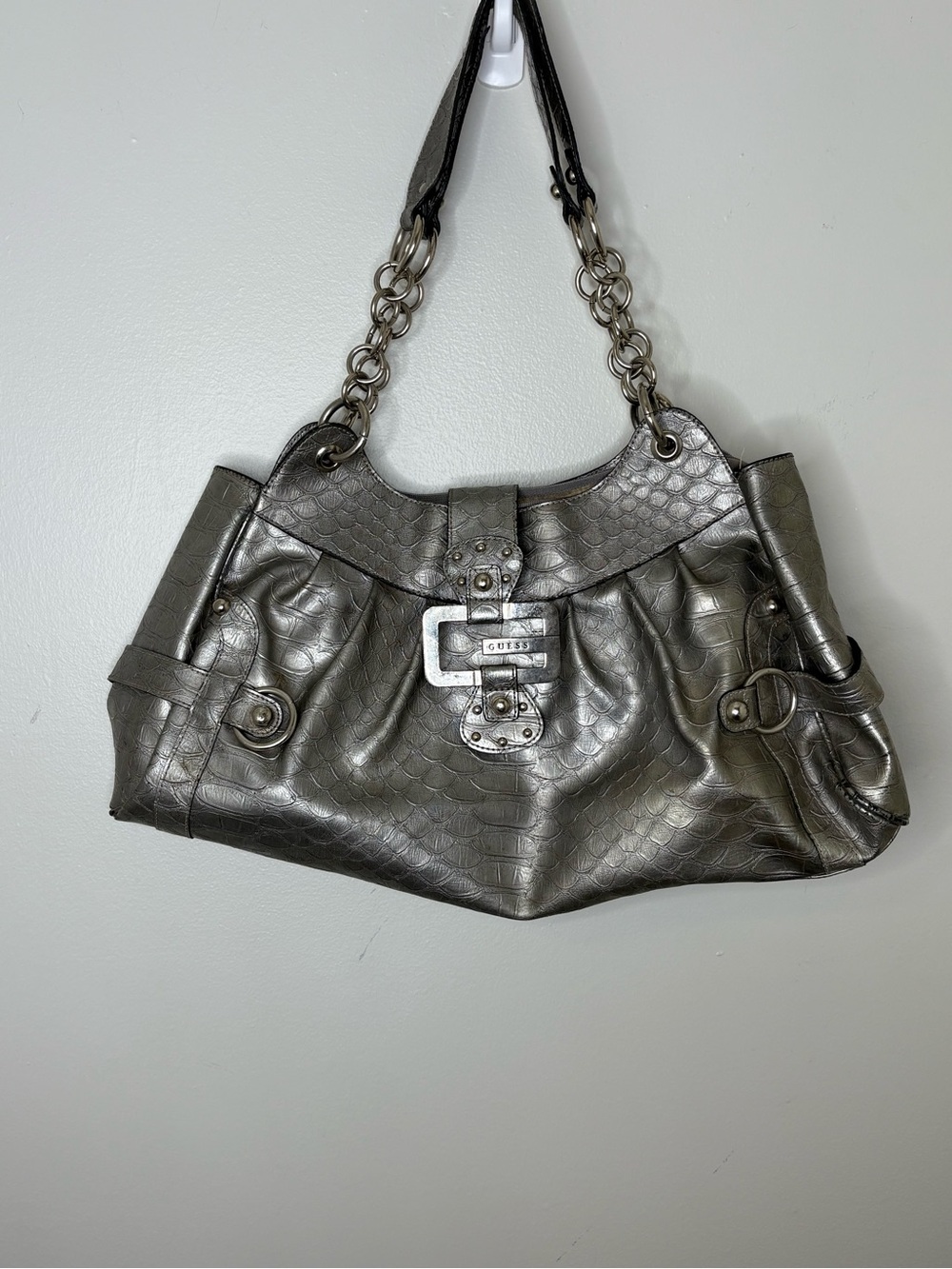 Guess Metallic Gray Chain Shoulder Bag